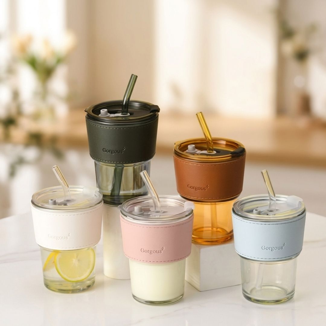 Modern Glass Coffee Tumbler with Sleeve & Straw